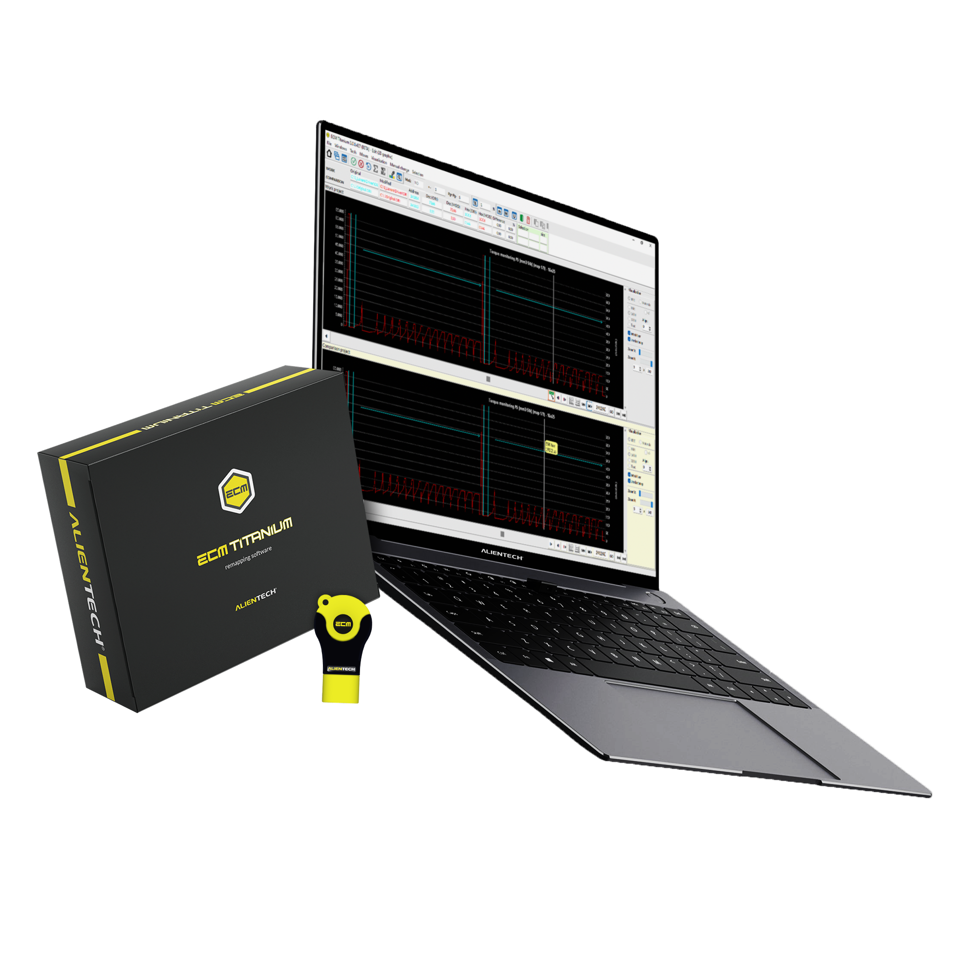 ECM Titanium - caja del software con llave USB y portátil mostrando la interfaz de recalibración